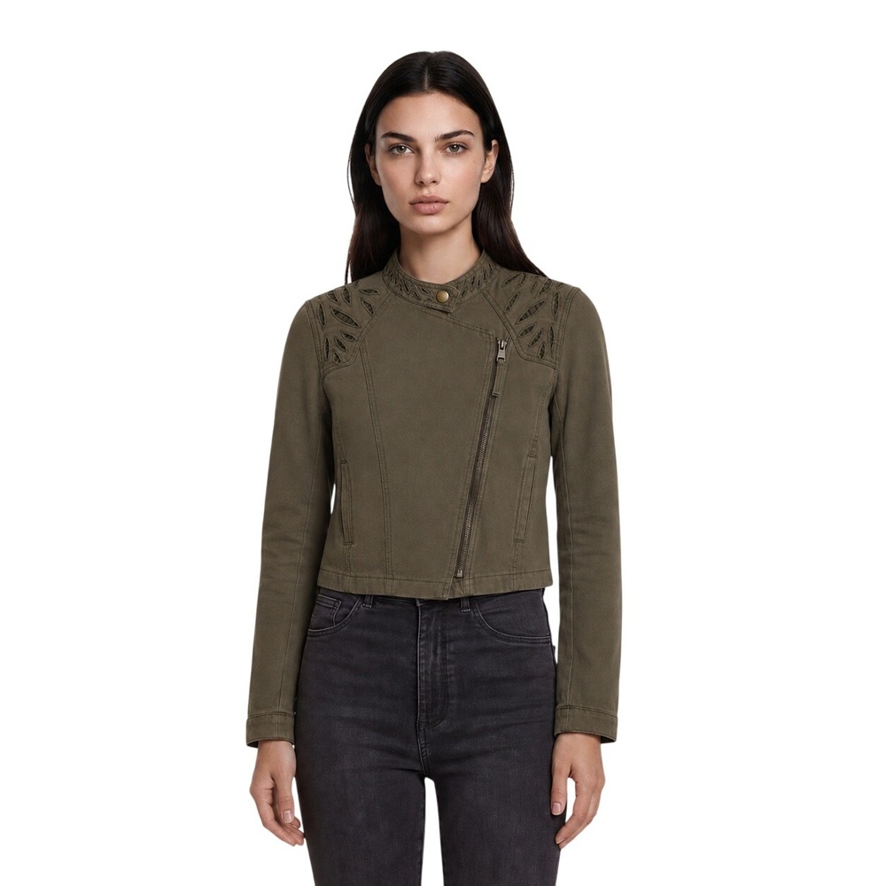 Free People Moto Jacket Women's Size 6 Olive Cotton Linen Blend Eyelet Coat